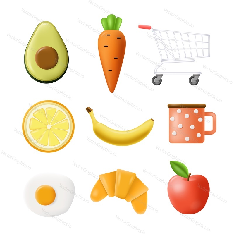 Vector food set. Meal and drink for lunch icon. Fast food and healthy menu with fruit and vegetables for diet breakfast illustration. Shopping trolley cart for grocery order, purchase and delivery