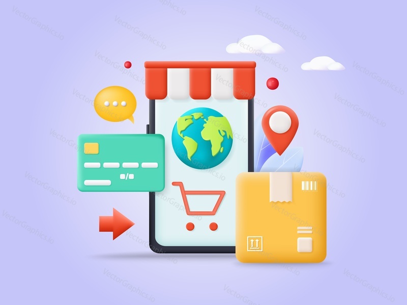Delivery order via phone service vector illustration. Fast online shipment, digital mobile app for purchase and wireless payment by credit card concept