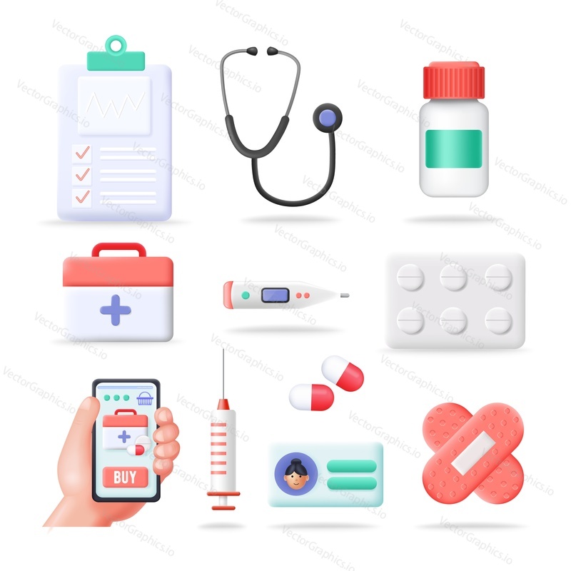 Ikona vektoru medicíny. Izolovaný lék a symbol lékárničky. Injekční lahvička tablet tablet farmaceutické injekční stříkačky kapky náplasti mobil app doktor box