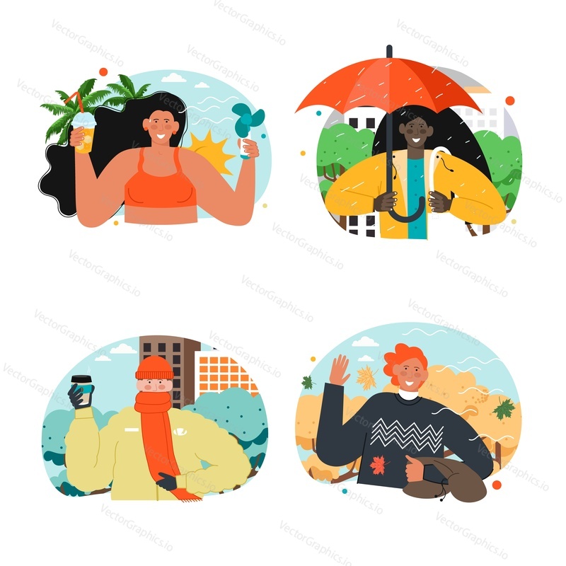 People in various weather condition scene vector set. Sunny hot, cold snowy, rainy and cloudy windy environment. Winter, summer, spring and autumn season illustration. Character outdoor