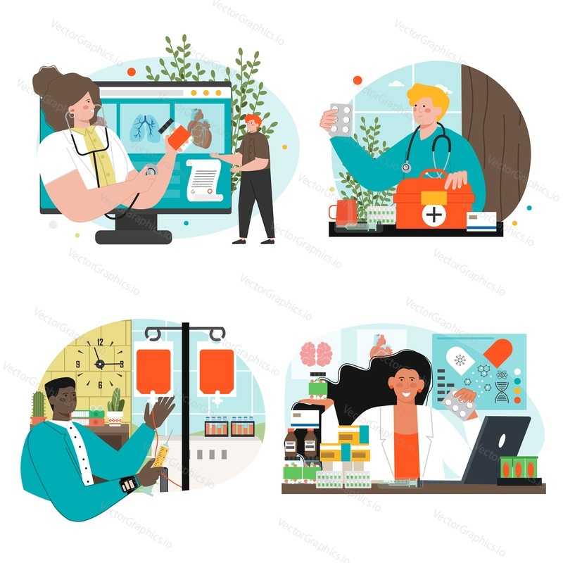 Online medicine service vector scene isolated set. Consultation, digital prescription, medical insurance, blood donation illustration. Telehealth, telemedicine and healthcare concept