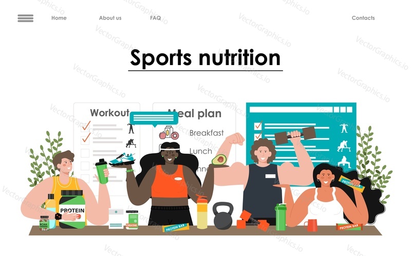 Sports nutrition vector landing page. Food and fitness training workout for health flat illustration. People trainer, coach or instructor creating personal workout and meal plan online