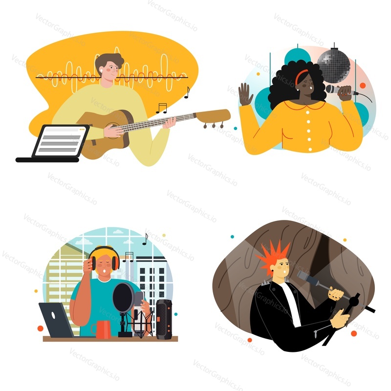 Vector singer music character illustration set. Musician singing in microphone. Rock, pop or jazz song performance. Man playing guitar karaoke song, disco woman, rocker or radio host performer scene