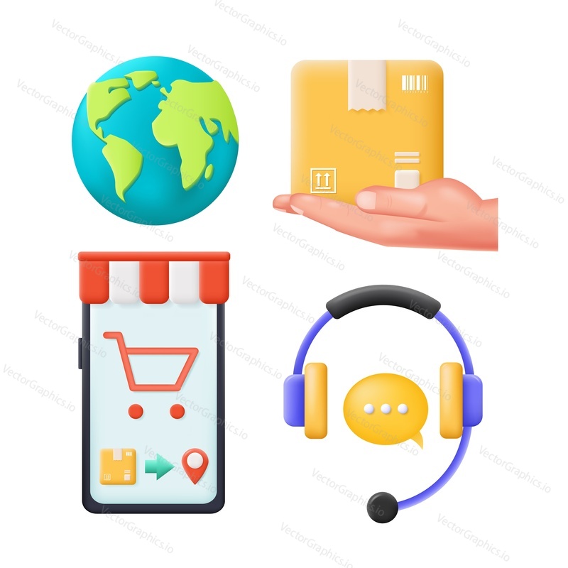 Globální dodávka a logistická 3D ikona vektorová sada. Světová obchodní a marketingová ilustrace. Celosvětová zásilková zásilka, mobilní aplikace a symbol služby technické podpory
