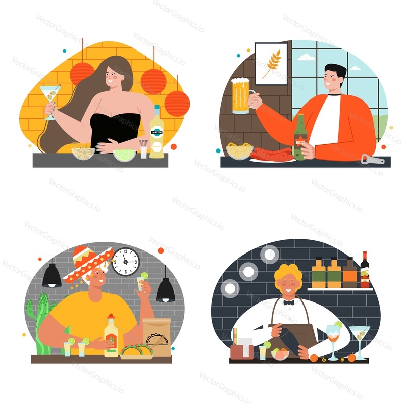 Bartender vector flat character making alcohol set. Barman preparing cocktail beverage at restaurant counter desk table illustration. Barkeeper mixing drinks isolated scene