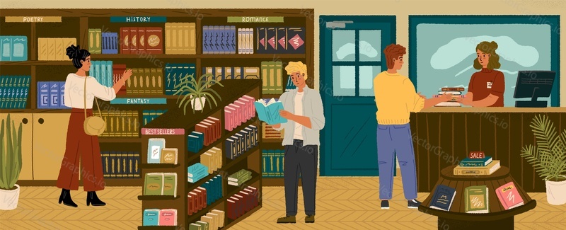 Люди, ищущие книгу в книжном магазине. Библиотека или магазин, интерьер с книжными полками. Клиент покупает книги в магазине. Концептуальная векторная иллюстрация.