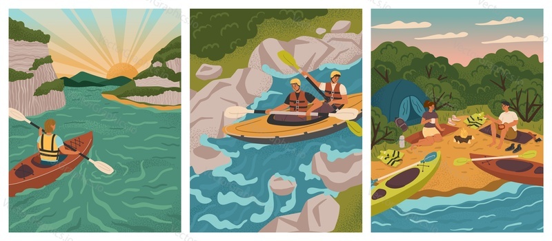 People on kayak rowing down to river. Water adventure sport vector posters set. Man and woman rafting, kayaking, canoeing, holding paddles. Camp with tent on lake beach.