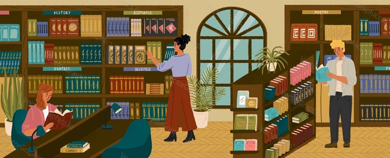 Люди, ищущие книги в библиотеке. Студенты учатся и читают книги в публичной библиотеке. Концептуальная векторная иллюстрация. Мужчины и женщины окружены полками и стеллажами с книгами.