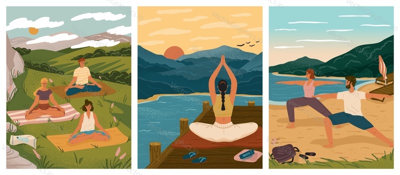 Outdoor yoga concept vector illustration. Woman and man training together on a beach. Healthy lifestyle, recreation. People meditate in lotus yoga pose. Morning meditation in beutiful landscape