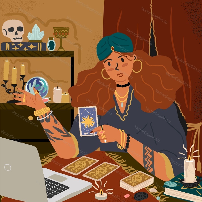 Žena věštkyně pomocí tarotových karet předpovídat budoucnost online. Online duchovní seance a věštění koncepce vektorové plakáty set. Tarotové karty, magické předměty a znamení.