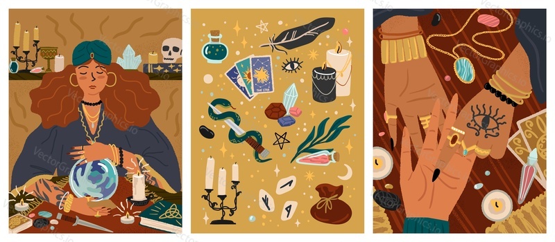 Žena věštkyně pomocí křišťálové koule předpovídat budoucnost. Věštění koncepce vektorové plakáty set. Tarotové karty, magické předměty a symboly, Věštění z ruky, astrologie, duchovní seance.