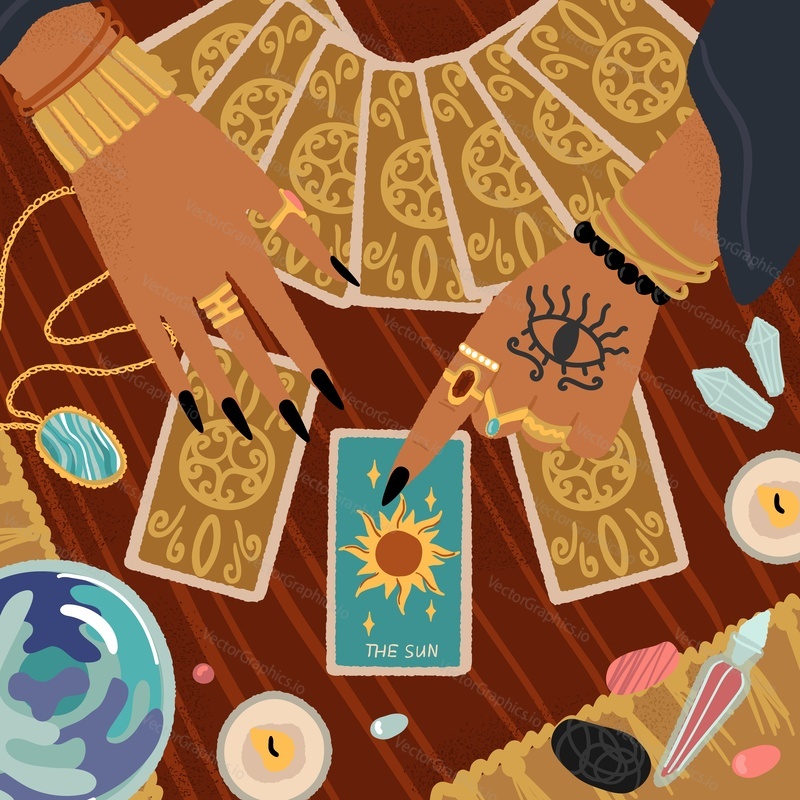 Žena věštkyně pomocí tarotových karet předpovídat budoucnost. Věštění koncepce vektorové plakáty set. Tarotové karty, magické předměty a znamení, ruka se symbolem vidění oka, duchovní seance.