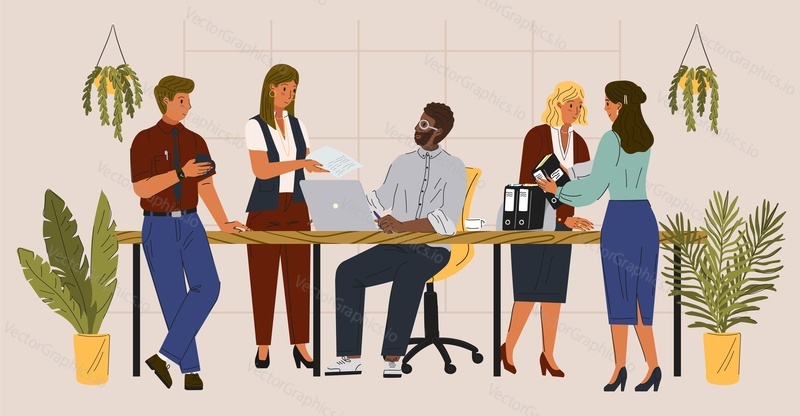 Команда деловых людей, сидящих за столом с ноутбуком и работающих в офисе вместе. Векторная иллюстрация концепции деловой встречи и командной работы. Командная работа, офисные работники, характер сотрудника.