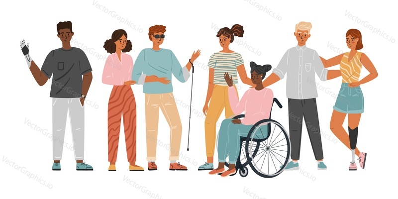 Dobrovolníci pomáhající lidem se zdravotním postižením. Rozmanitost cocenpt vektorové ilustrace. Skupina lidí se speciálními potřebami, invalidní vozík, protéza.