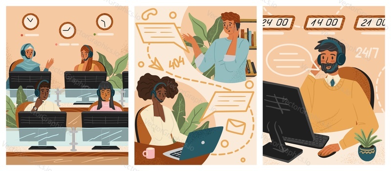 Call center with diverse operators. Customer phone service and business hotline concept posters set.  Multinational office workers with headsets. Technical customer support and help.