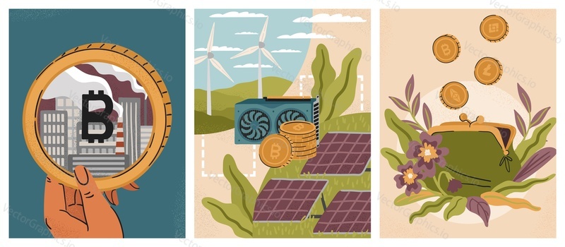 ESG crypto investment concept vector posters set. Green mining, bitcoin and cryptocurrency technology using sustainable and renewable energy resources. Digital assests wallet.