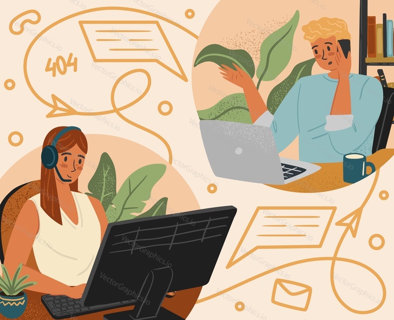 Customer service concept vector illustration. Woman with headset working with computer and talking with customer. Call center support, online live assistance. Office and business communication.