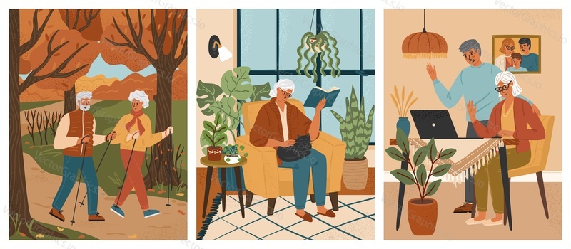 Senior couple walking with sticks in autumn park. Old woman sit in chair and read a book. Grandparents talk with their kids on video call. Retirement life concept vector posters set.