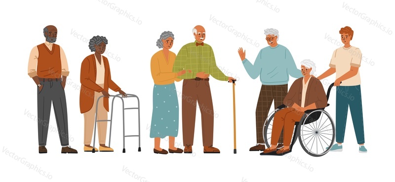 Senior lidé znaky vektor nastavit izolované na bílém pozadí. Stará žena na vozíku, Starý muž s vycházkovou holí. Služba sociální péče pro seniory.