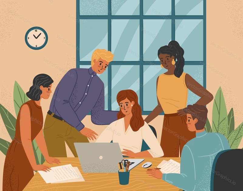 Office team helps colleague with her project. Business team work concept vector illustration. Man and woman work together at the meeting.