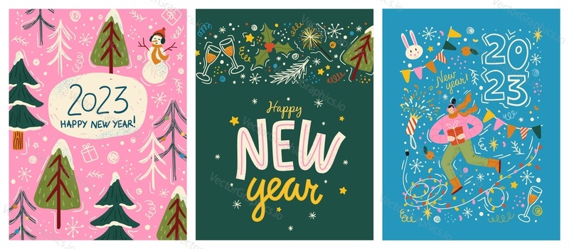 Merry christmas and happy new year greeting cards template. Vector set of winter holiday illustrations in vintage style. Christmas tree and toys. 2023 new year hand drawn poster.