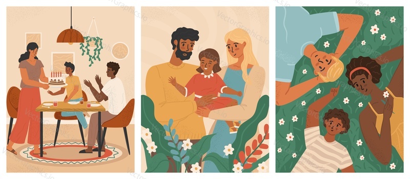Šťastná multikulturní Rodina s dětmi. Interracial rodina koncept vektorový plakát set. Lidé s odlišnou barvou pleti a kulturním zázemím společně. Černý otec a bílá matka se smíšeným dítětem.