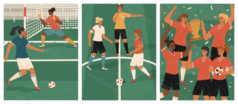 Women's soccer team vector posters set. Female players football team with winners cup celebrating victory.