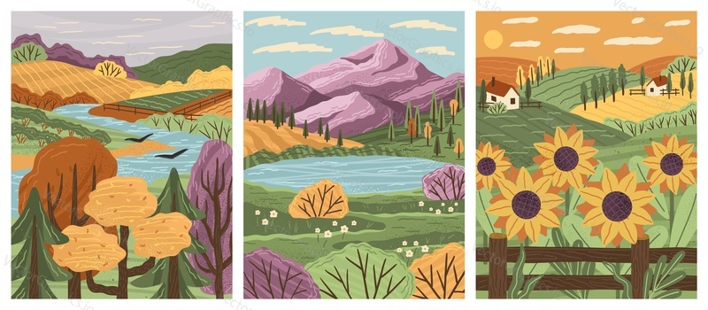 Autumn landscape nature vector backgrounds set. Fall season concept posters. Forest, countryside scenery, farmland, mountain lake. Autumn wallpaper.