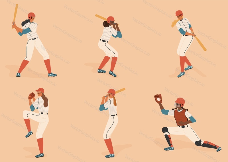Ženské hráči baseballu izolované znaky vektorové sady. Dívky hráči postavy s baseballovou pálkou a míčem na hřišti. Žena baseball sportovci v různých pozicích. Džbán, pálkař, chytač.