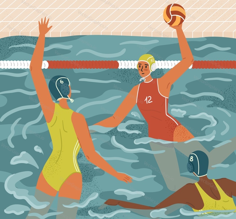 Water polo female players in action concept vector illustration. Women's swimming and water sports. Water polo team play game in tournament. Athlete attack goalkeeper with a ball.
