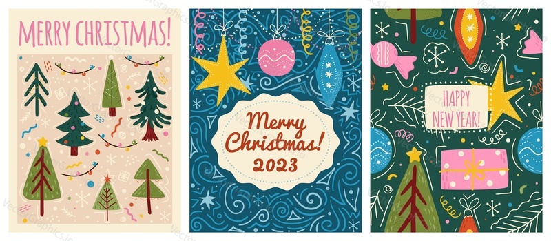 Merry christmas and happy new year greeting cards template. Vector set of winter holiday illustrations in vintage style. Christmas tree and toys. 2023 new year hand drawn poster.