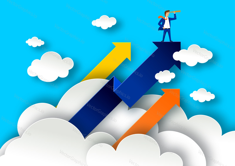 Leadership concept with arrows on white clouds. Businessman with spyglass on a top illustration in paper art style. Business leader poster.