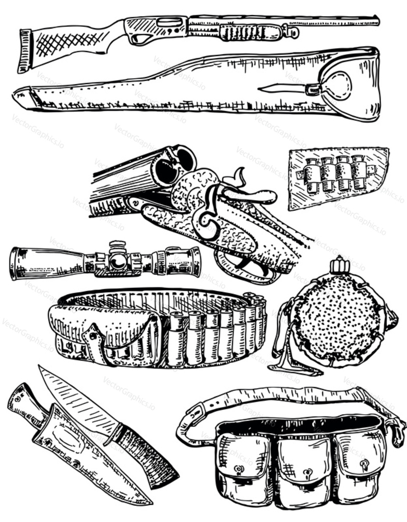 Hunting equipment set. Vector ink hand drawn illustration isolated on white background.