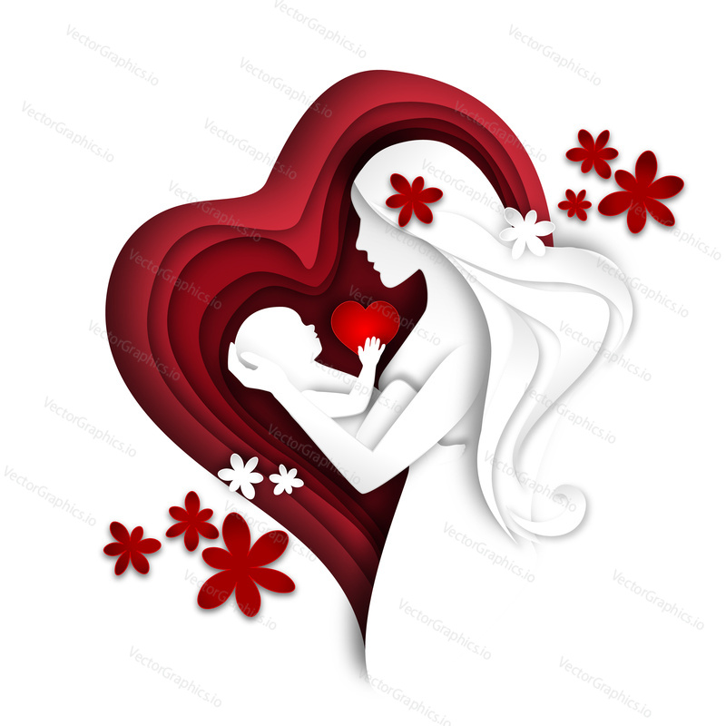 Mother and newborn child concept illustration in paper art style. Infant baby and his mom. Heart shape. Happy mother day poster. Paper cut shape design.