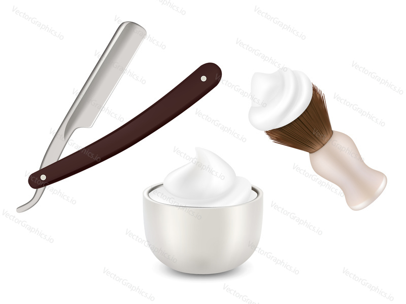 Vector realistic illustration of mug with shaving foam, shaving brush and straight barber razor isolated on white background.