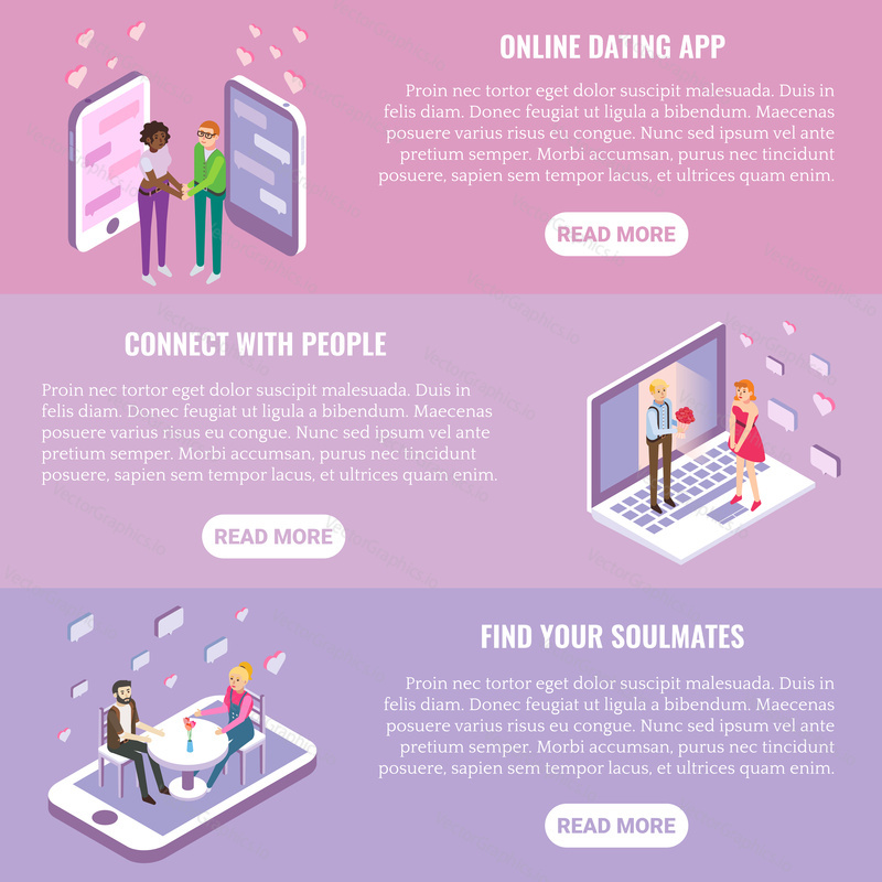 Internet dating vector flat isometric horizontal banner set. Online dating app, Connect with people and Find your soulmates design elements.
