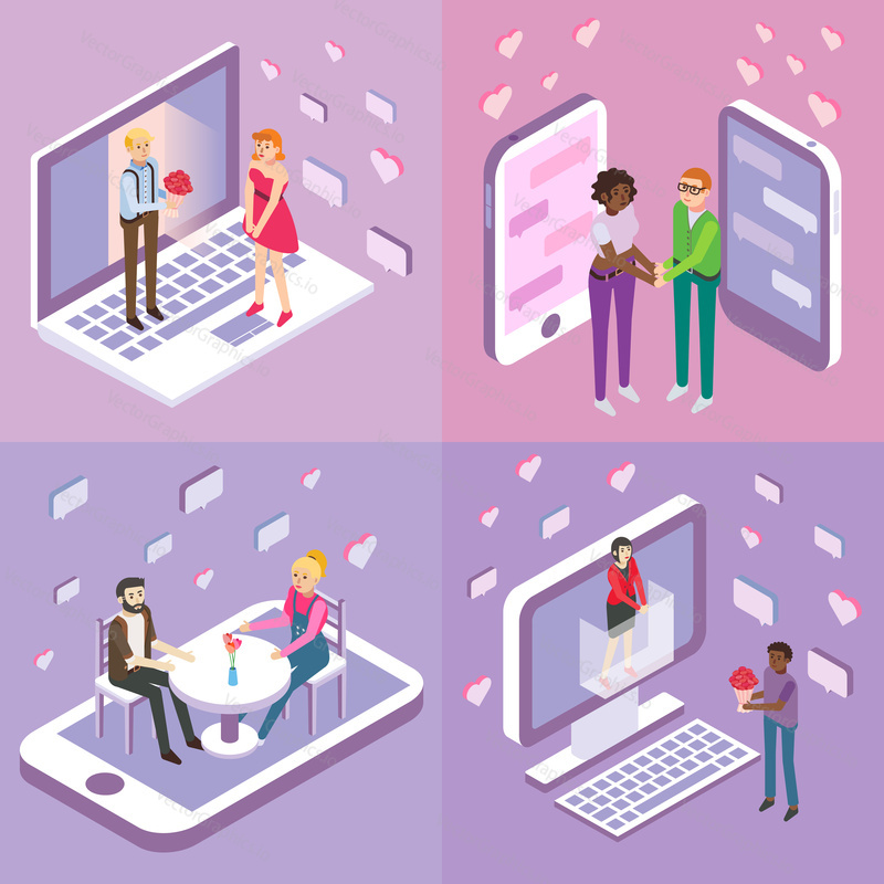 Online dating vector flat isometric poster, banner set. Single women and men looking for love and romance while using online dating sites to find their soulmates.