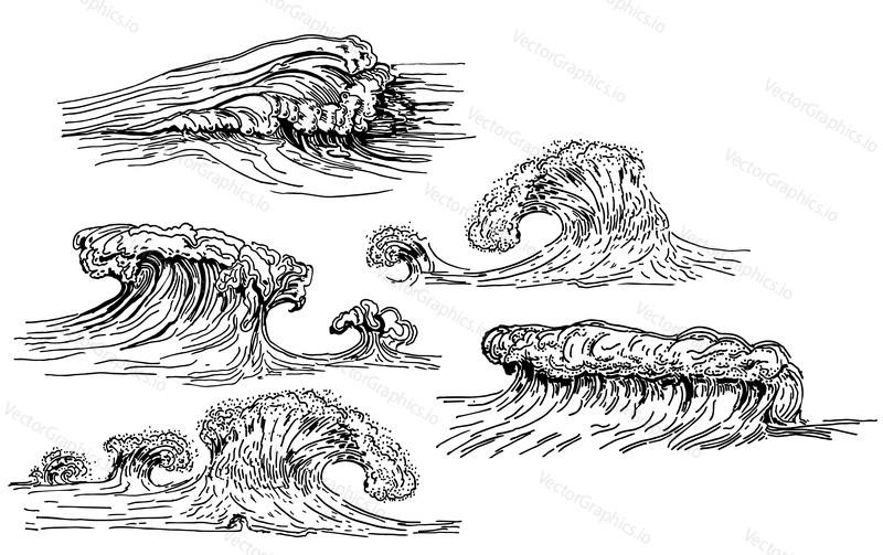 Waves set. Vector ink hand drawn illustration isolated on white background.