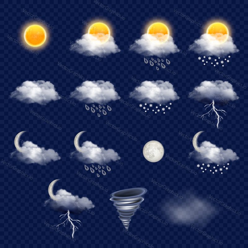 Weather forecast icon set with cloud, sun, snowflakes, raindrops, lightning etc. Vector realistic illustration on transparent background.