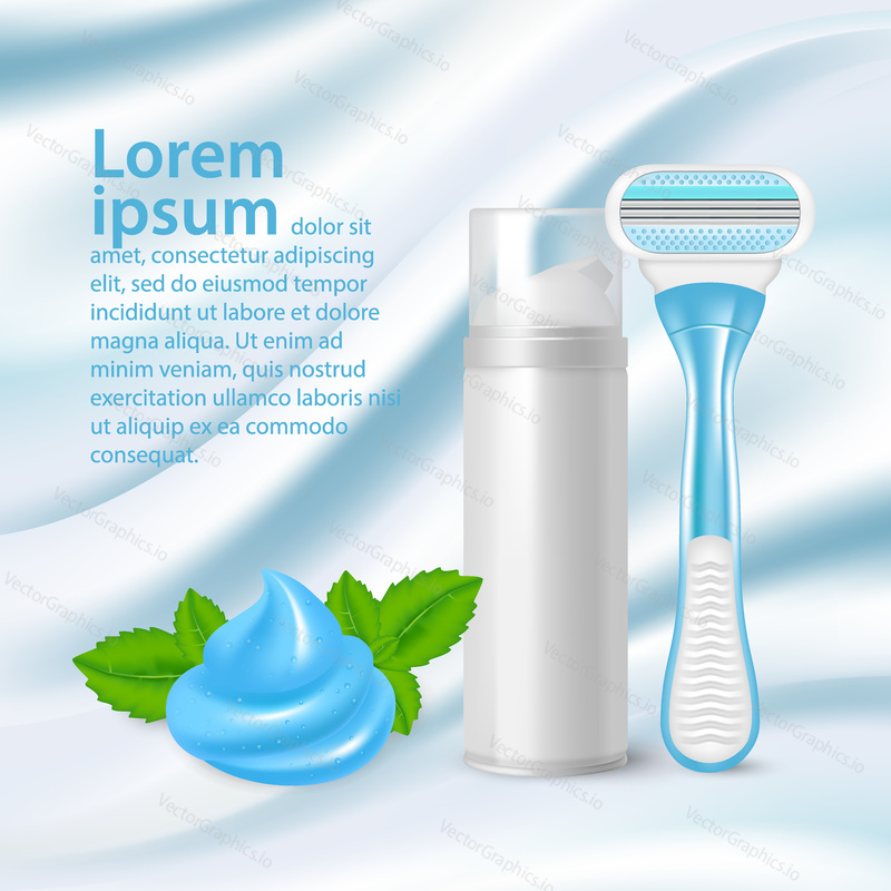 Shaving gel and razor for women vector 3d realistic illustration. Shaving and hair removal products ad.