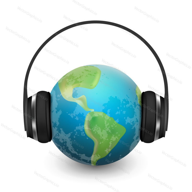 Music planet earth with headphones vector realistic illustration isolated on white background.