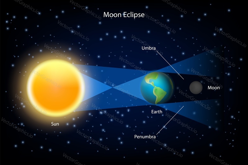 Lunar eclipse vector infographic. The sun, earth and full moon are aligned exactly with the earth in the middle.