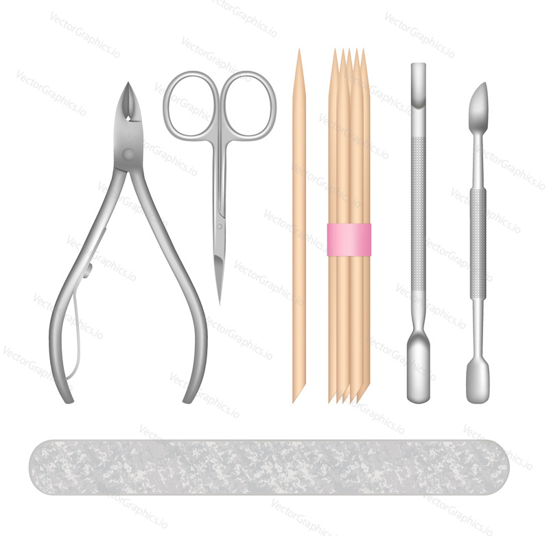Manicure set. Vector realistic illustration of all tools for perfect nails wood cuticle sticks, cuticle pusher, cuticle trimmer, nail file and nail scissors.