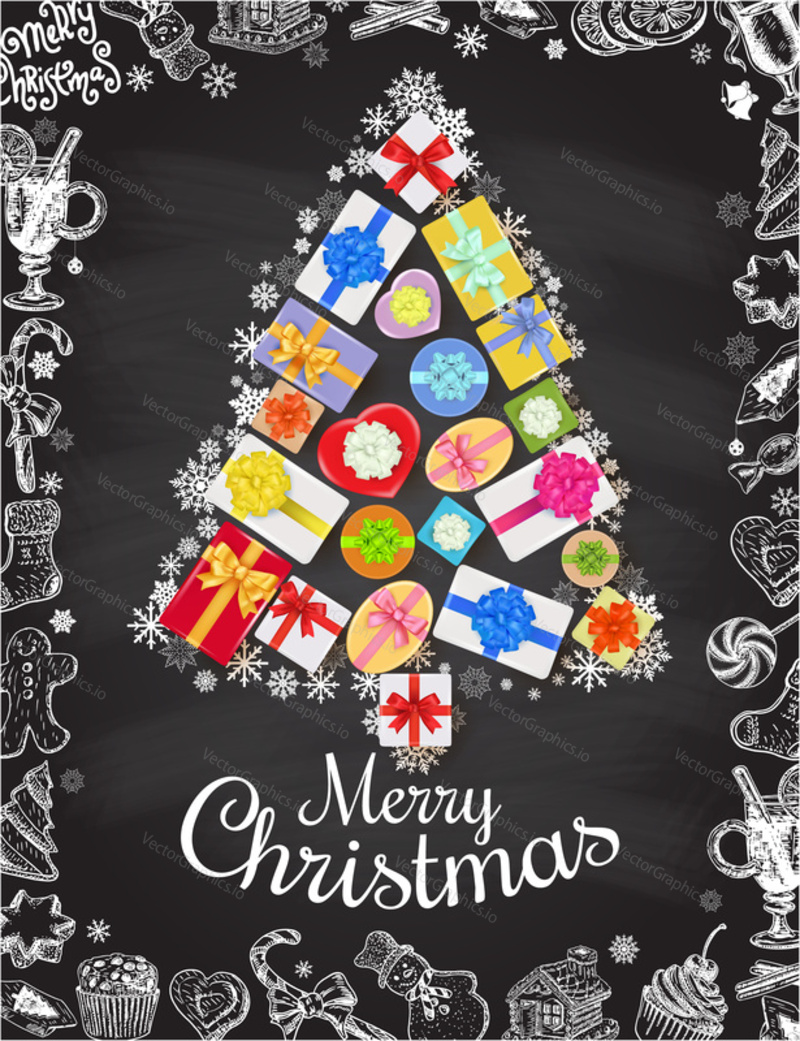 Holiday Christmas and New Year card template. Vector poster with hand drawn symbols. Gift boxes form Christmas tree.
