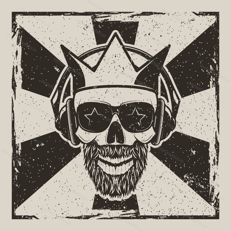 Rock Star vintage grunge design for t-shirt. Vector hand drawn illustration of hipster skull in headphones, sunglasses and crown.