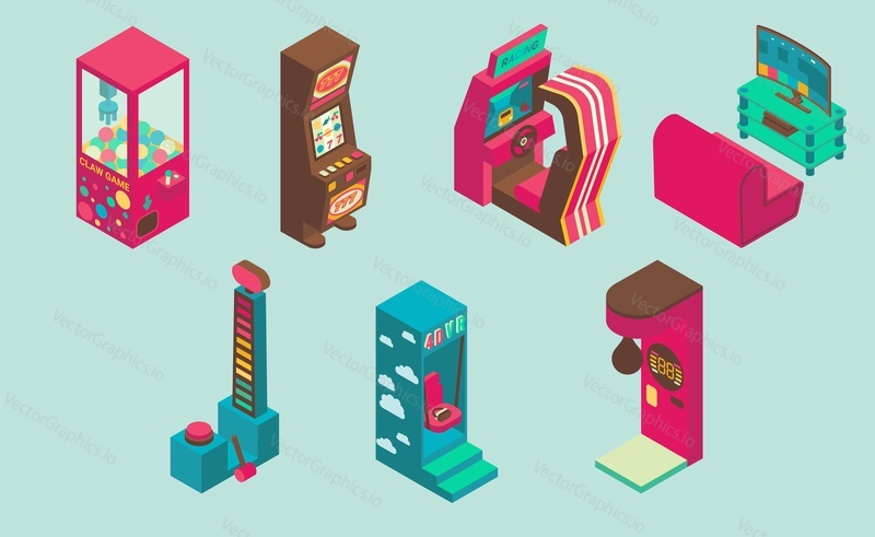 Arcade game machine icon set. Vector isometric illustration of casino slot machine, virtual reality, claw crane, boxing, racing, dancing, dynamometer machines.