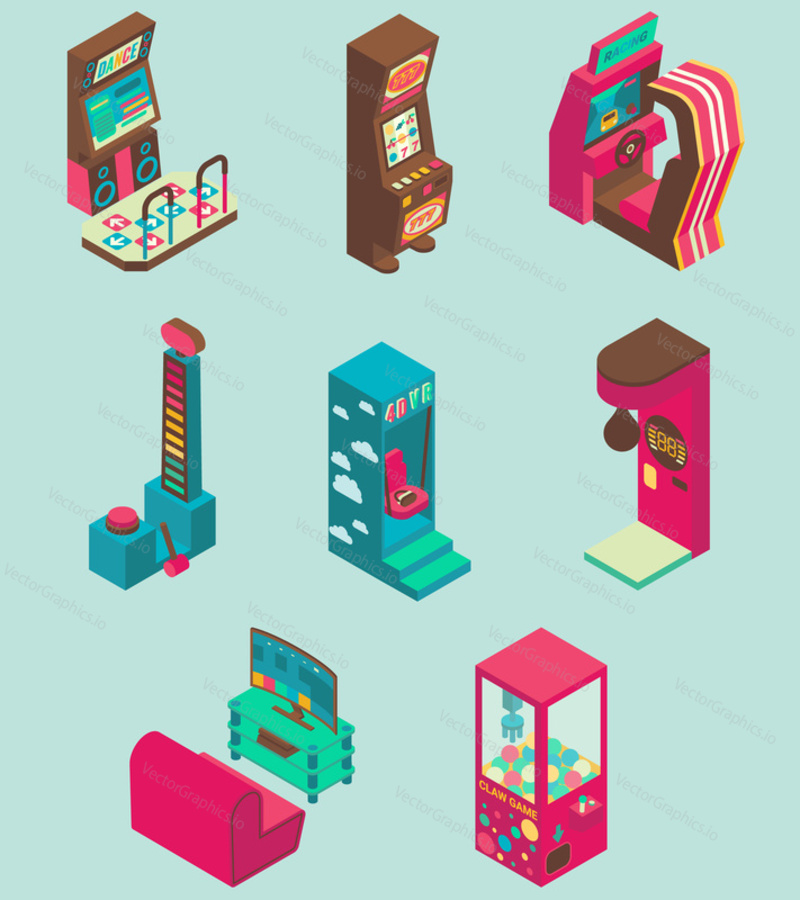 Arcade game machine icon set. Vector isometric illustration of casino slot machine, virtual reality, claw crane, boxing, racing, dancing, dynamometer machines.