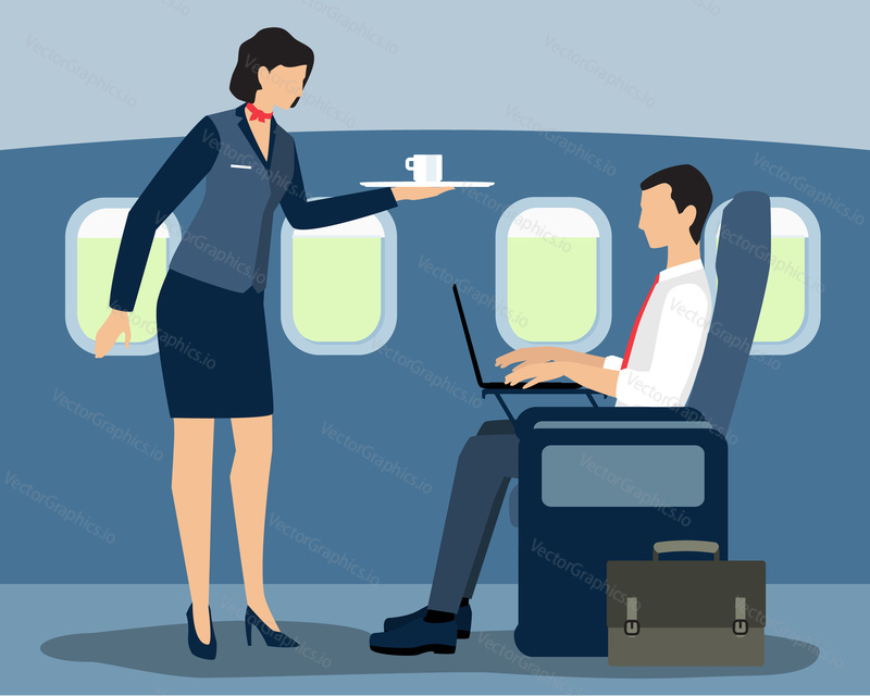 Vector illustration of air stewardess serving first class passenger on the flight. Flat style design.