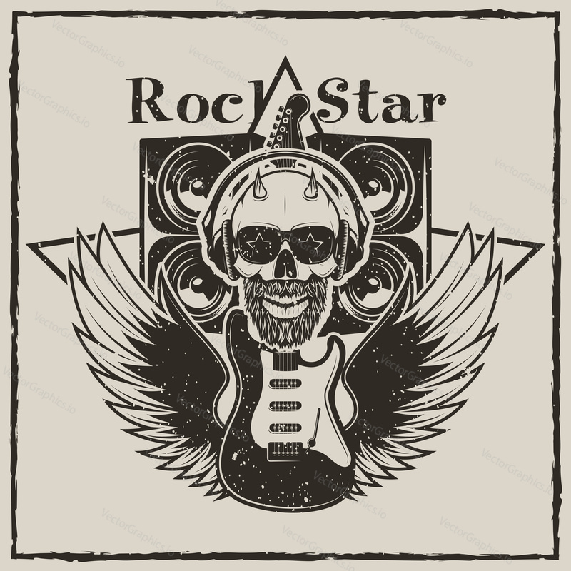 Rock Star vintage grunge design for t-shirt. Vector hand drawn illustration of guitar, speakers, spread wings and bald skull with devil horns listening to music.