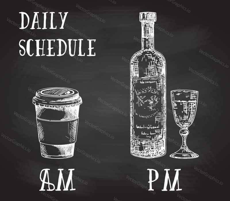 Vector concept poster with drinking habits. Coffee at the morning and alcohol in the evening. Hand drawn sketch on chalkboard. Cup of coffee to go and bottle of wine with glass.